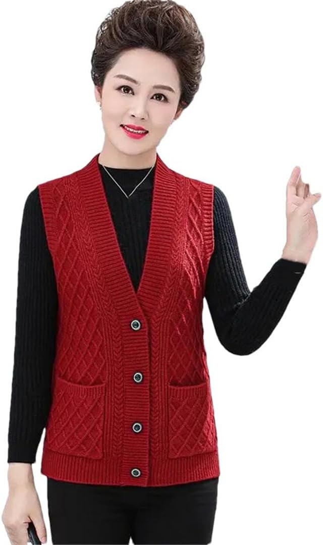 Women's Knitted Sweater Vest Solid Color V-Neck Buttons Down Sleeveless Outwear With Pockets