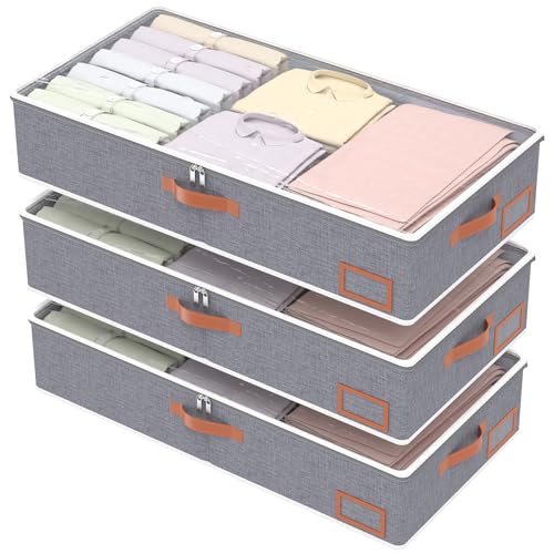 Yawinhe 3 PCS Sacs de Rangement Sous Le Lit Sac à Vêtements Pliable, Fenêtre Transparent et Fermeture éclair Sacs à Vêtements Pliables, pour la Literie, 80x40x15cm, Gris, SNH001GL-3