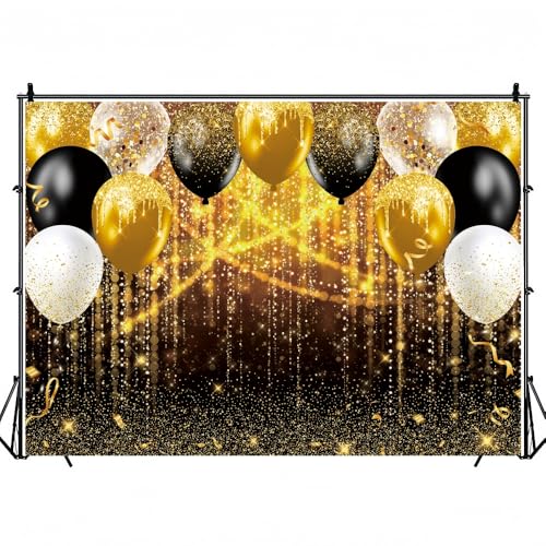 INRUI Black and Gold Glitter Balloon Party Backdrop Photo Booth 6x4FT