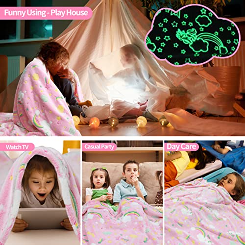 Glow In The Dark Blanket Rainbow Gifts For Girls Kids, Super Soft Rainbow Blanket For 1-10 Year Old Birthday Christmas Thanksgiving Easter Gifts, Cute Cozy Luminous Magic Soft Throw Blanket 60*50 In #TOP3