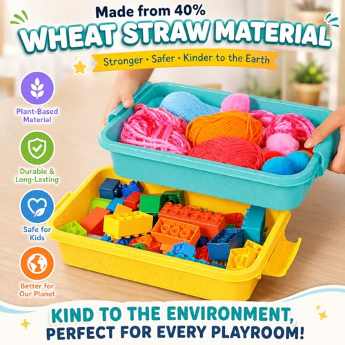 Image of Carolart 3 Pack 12.8 Inch Wheat straw Plastic Storage Bins, Stackable | 40% wheat straw blend containers with lids for sand toy storage, classroom supplies, crafts, toys and homeschool use
