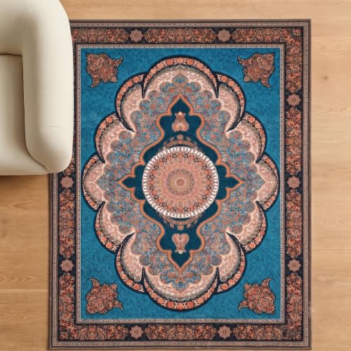 Image of Cotton Bolls Textiles Rugs for Living Room 5x7 Feet Large Size | Lightweight Foldable Carpet for Bedroom & Hall | Easy to Handle During Daily Cleaning | Travel Friendly Printed Rug | Blue