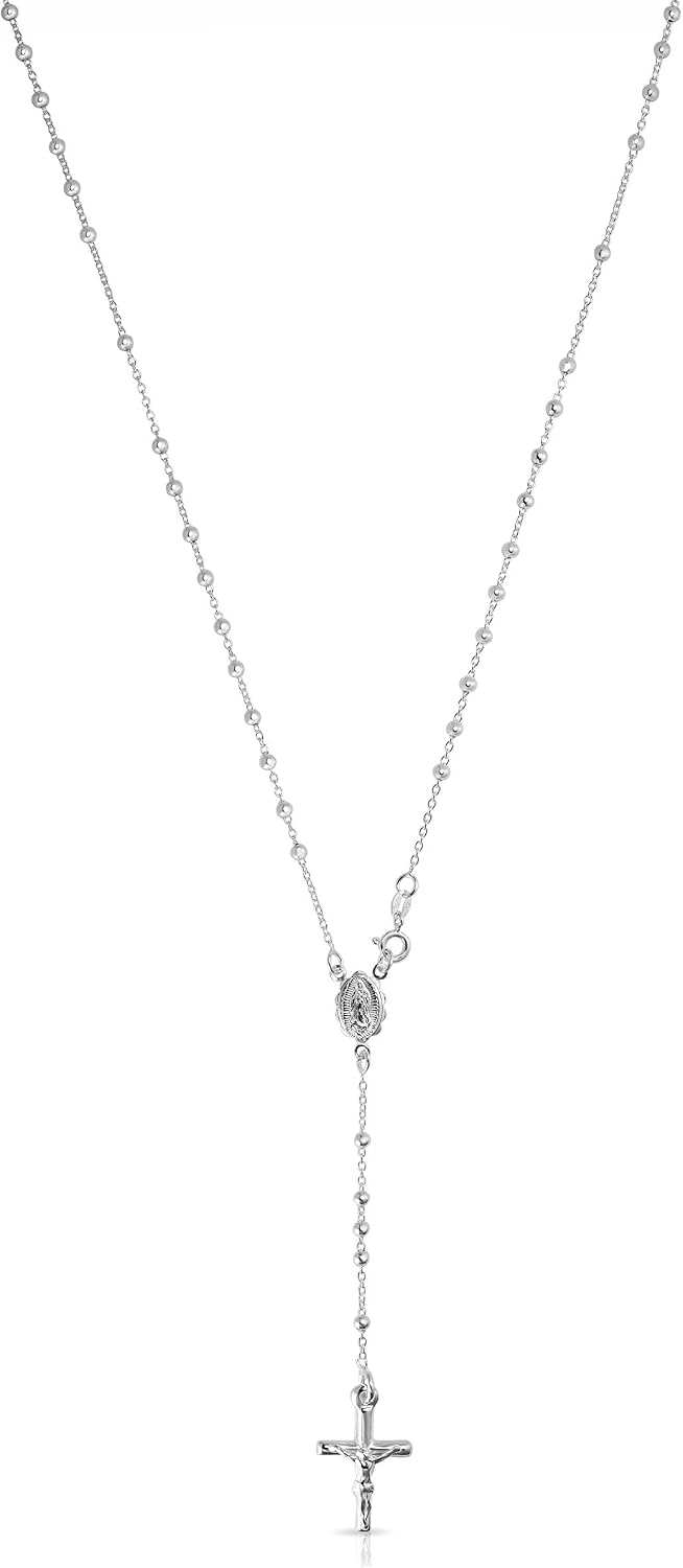 Verona Jewelers Sterling Silver 3MM Rosary Necklace Silver Rosary Bead Necklace- Cross Pendant Necklace Rosario Catholic Necklace-Rosarios Catolicos