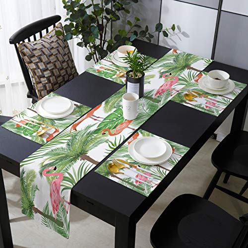 Libaoge 6 Placemats With Matching Table Runner 90 Inches Long Flamingos And Palm Leaves Burlap Farmhouse Table Runner And Placemats Set For Kitchen Dining Table Wedding Party Holiday Dinner #TOP20