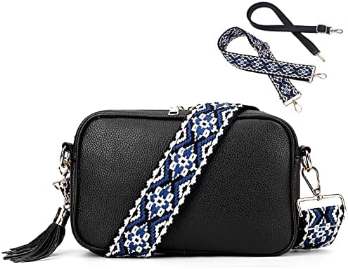 YILCER Small Crossbody Bag for Women, Leather Ladies Cross Body Bag with Changeable Guitar Wide Strap(2 Shoulder Straps), Camera Bags Shoulder Phone Bag, Black