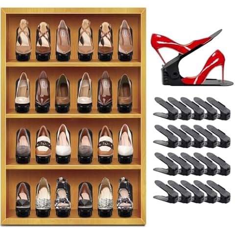 Shoe Slots Organizer 20 Pack - Shoe Stackers for a Pair Of Shoes, Shoe Storage Shoe Space Savers 50%, 4 Levels Adjustable Shoe Rack, Shoe Riser for Closet, Shoe Slot Organizer for Closet, Black Cover