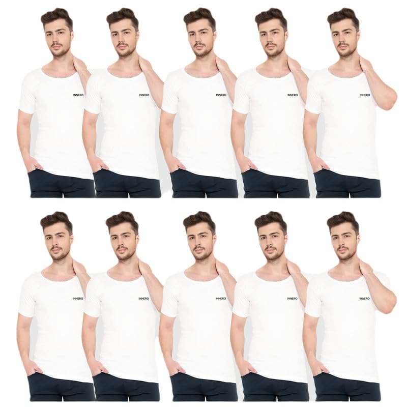 Image of INNERO Men's Vest with Sleeves | Cotton Half Sleeve Round Neck Vest, Baniyan, Ganji, Undershirt (White)