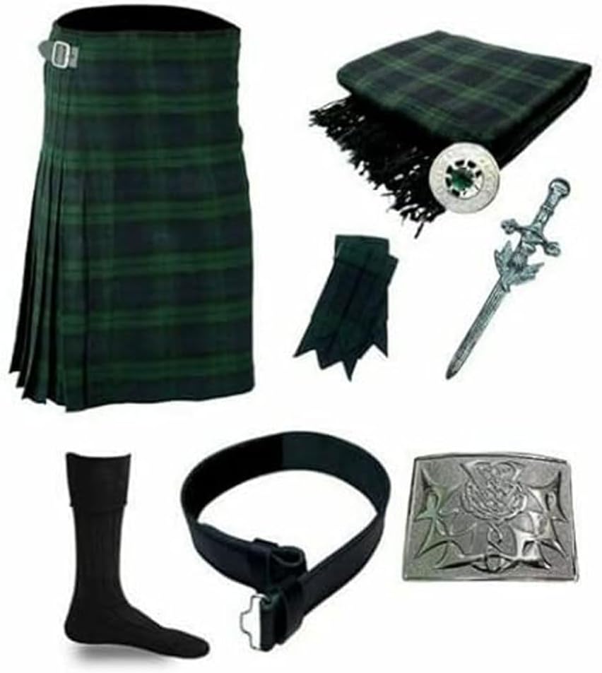 Scottish Kilt Traditional Black Watch 8 Pcs Kilt Set with 5 yard kilt Outfit For Men And Women