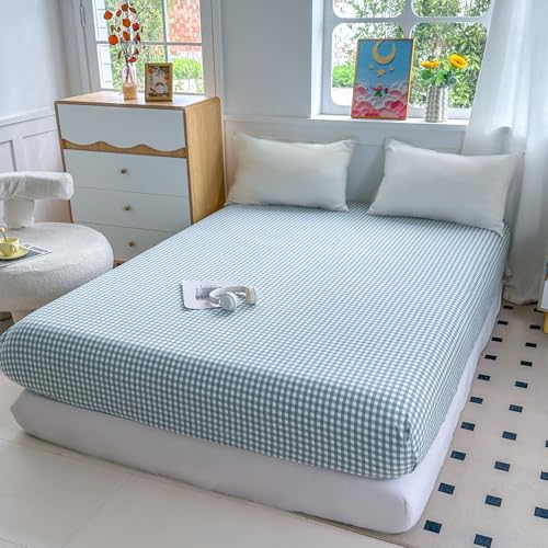 Image of Mucalis Light Blue Gingham Fitted Sheet Queen Only Deep Pocket 16 Inch 100% Washed Cotton White Plaid Checkered Bottom Sheet,Soft,Breathable,Easy Care