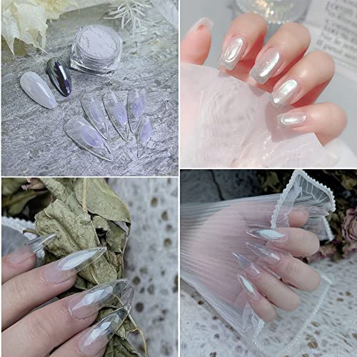 White Pearl Chrome Nail Powder, Mirror Effect Pearlescent White Nail Art Jewelry Glitter Powder Metallic Pigment For Nails, Magic Nail Powder Fine & Shiny Holographic Ice Aurora Dust Nail Powder #TOP5