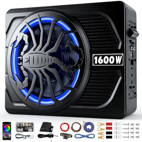 SUBPULSIX 1600W Slim Underseat Car Subwoofer and Amp Package, Powered Under Seat Subwoofer with...