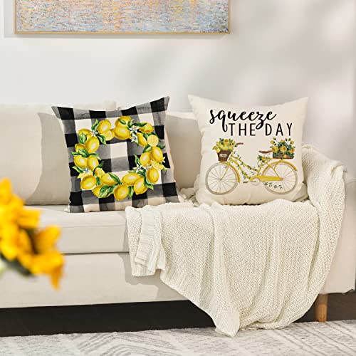 Avoin Watercolor Stripes Hello Sunshine Throw Pillow Cover, 18 X 18 Inch Buffalo Plaid Lemon Wreath Bicycle Squeeze The Day Cushion Case For Sofa Couch Set Of 4 #TOP3