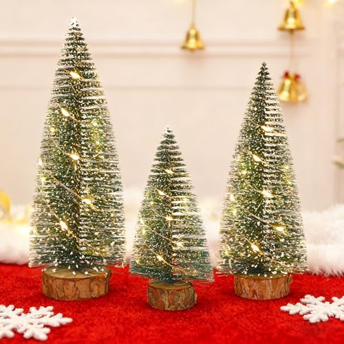 3 Pezzi Mini Alberi di Natale con Luci LED, Christmas Trees Artificiale Piccolo con Base in Legno come Decorazioni Natalizie per Tavolo, Vetrine - 15/20/25CM