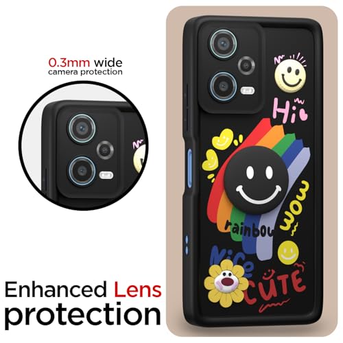 Image of Pikkme Back Cover for Redmi Note 12 Pro 5G | Soft Silicone| Cute Rainbow Smile & 3D Cartoon Flower Design | Shockproof Raised Camera Protection Bumper Case (Black)