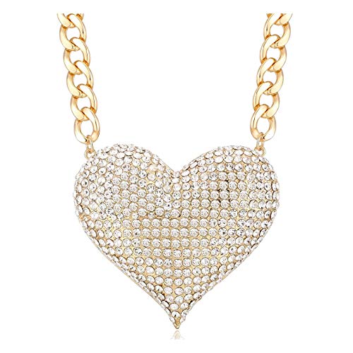 Wellotus Women's Statement Sparkly Heart Necklace Shiny Rhinestone Chunky Chain Necklace Punk Rock Style Costume Jewelry (Gold Color)