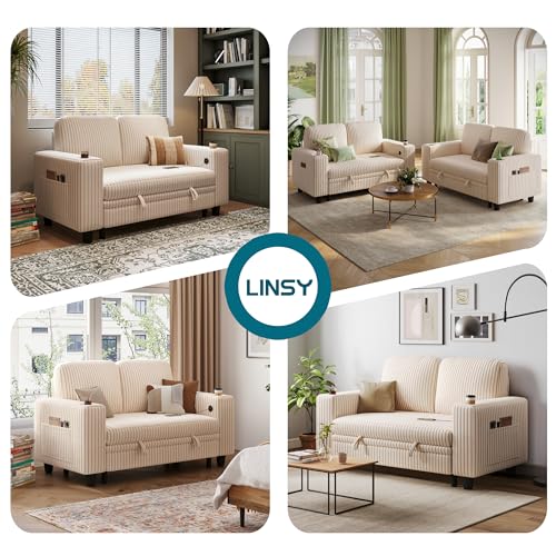Image of LINSY HOME Sectional Sleeper Sofa Bed, Corduroy Pull Out Couch for Living Room (Beige,Small Couch)|USB Ports, Cup Holder, Side Pocket|2 Seater Convertible Sofa Bed| Apartment Guest Room, Loveseat