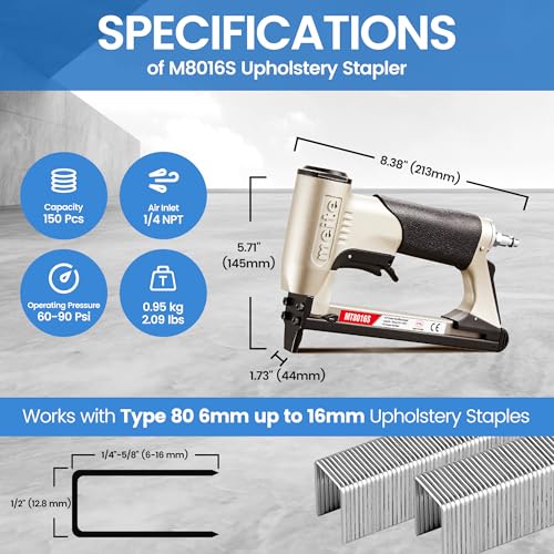 meite Pneumatic Upholstery Staple Gun for 21 Gauge 1/2-Inch Crown Staples, Heavy-Duty Stapler Gun for Woodworking, Carpentry, and DIY Projects (Model MT8016) by meite - Image 2