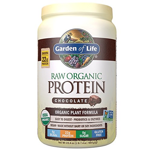 Image of Garden of Life Raw Organic Protein Chocolate Powder, 20 Servings, Certified Vegan, Gluten Free, Organic, Non-GMO, Plant Based Sugar Free Protein Shake with Probiotics & Enzymes, 4g BCAAs, 22g Protein