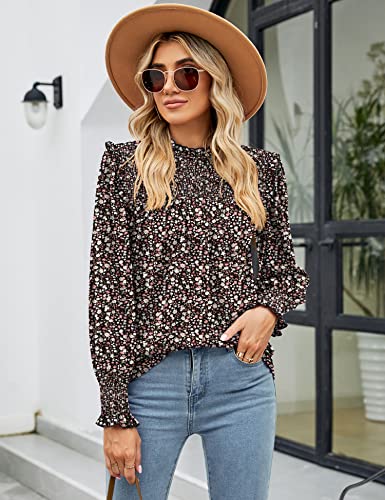Tcot Retro Floral Shirred Tops Smocked Mock Neck Fungus Keyhole Dressy Blouses Long Sleeve Casual Tunic Shirts Floral Xl #TOP1