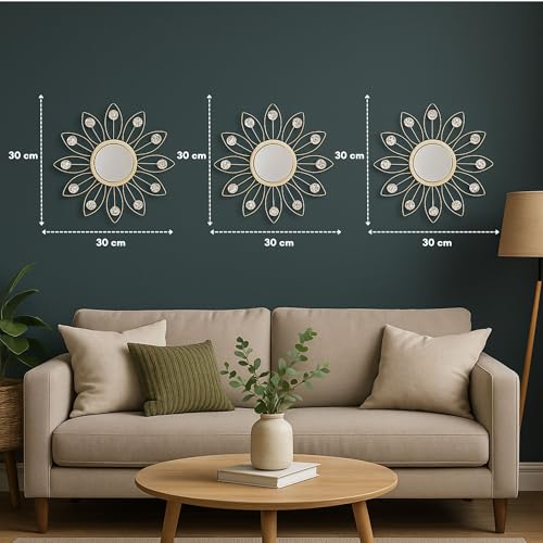 Image of Metal Sunflower Mirror Wall Decor with Crystals Decorative Mirror Wall Mounted | Mirror Wall Decor for Living Room Beautiful Modern Designer | Hanging Mirror Sculpture Set of 3 (Crystal White)