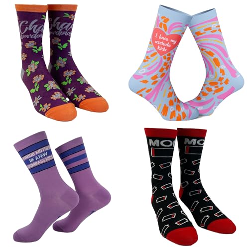 Womens Wild Mom Bundle 4 Pack Socks With Funny Graphics for Crazy Moms Funny Gift for Casual Wear