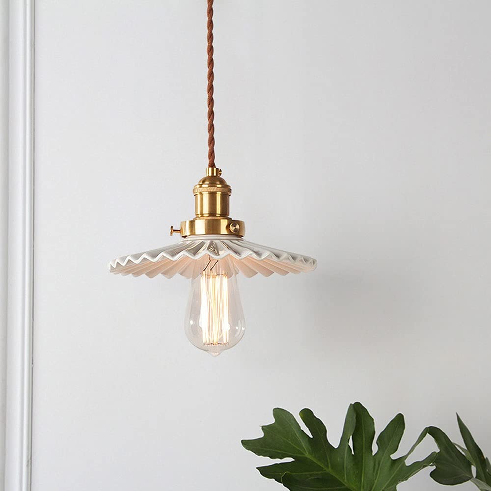 Lámpara colgante de cerámica Blanca con pantalla plisada de Un Solo cabezal, minilámpara de techo E27, Ideal para cocina, Sala de estar, dormitorio, decoración del hogar.