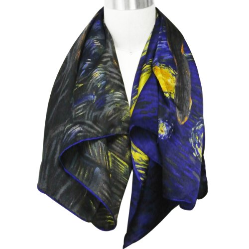 allydrew Luxurious 100% Charmeuse Silk Square Scarf with Hand Rolled Edges - Van Gogh's Starry Night2
