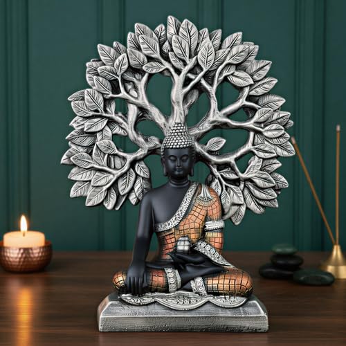Image of Global Grabbers Buddha Statue Showpiece Idol Home Decor Decoration Items for Living Room and Gifts (Silver Black Copper)
