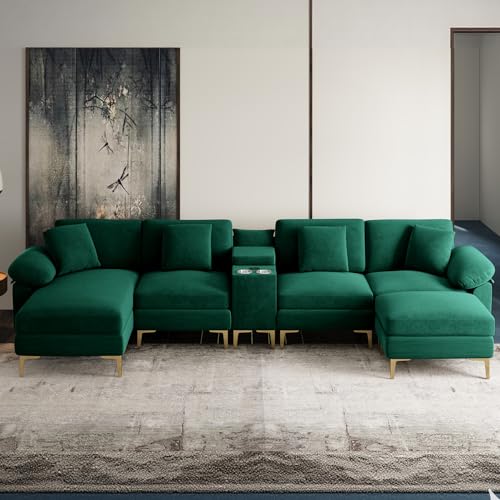 OUYESSIR U-Shaped Sectional Sofa Couch, 4 Seat Sofa Set for Living Room, Convertible U-Shaped Velvet Couch Set with USB Port Central Console Ottoman,128 inches (Emerald Green)