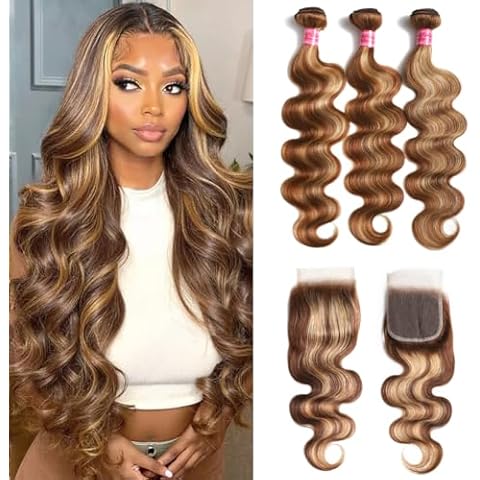 Beautymoon Ombre Body Wave Bundles with Closure （18 20 22+16 Inch) 100% Unprocessed Highlight Human Hair Body Wave 3 Bundles with 5x5 Transparent Swiss Lace Closure Free Part Piano Color Cover