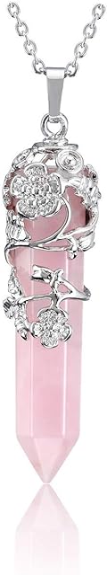 JSDDE Natural Crystal Gemstone Point Necklace Silver Flower Wrapped Healing Stone Necklace for Women