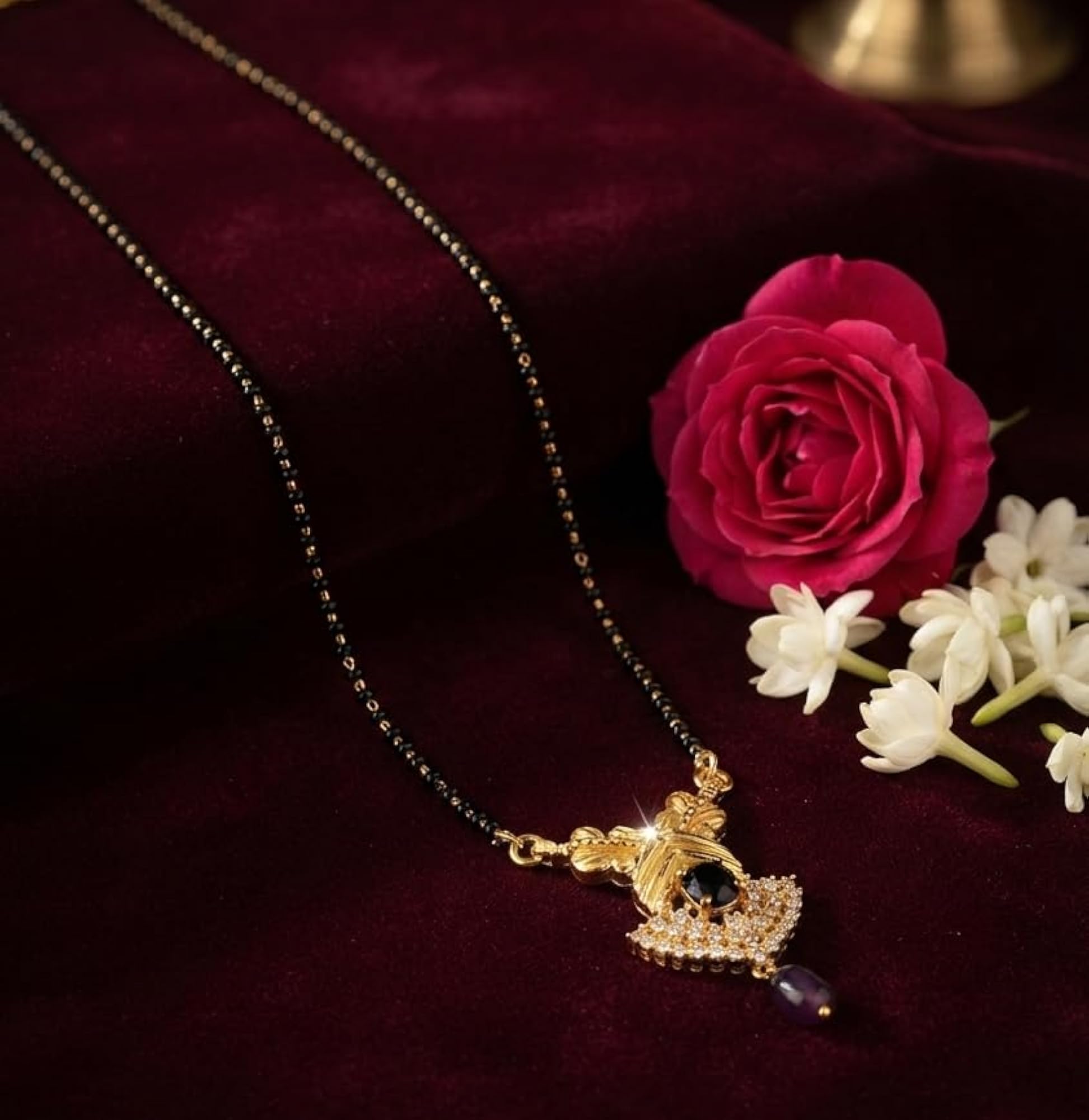 Women's Gold Plated Long Chain Mangalsutra Necklace with Black Beads & Stone Pendant