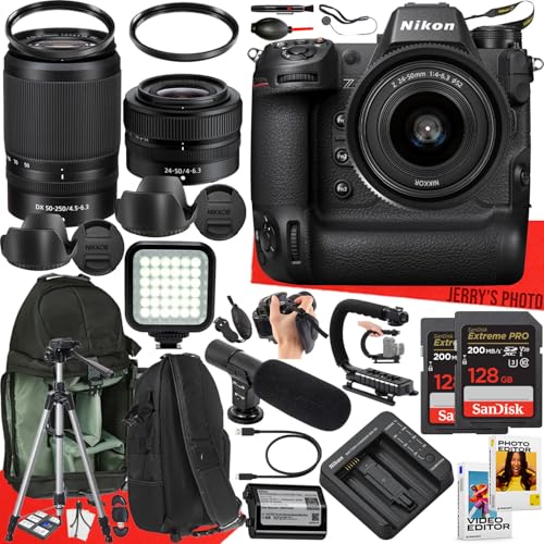 Nikon Z9 Mirrorless Camera with Nikon NIKKOR Z 24-50mm f/4-6.3 and NIKKOR Z DX 50-250mm f/4.5-6.3 VR Lens + 2pc 128 GB Memory + Video LED Light + Mic + More (37pc Bundle) (Renewed)