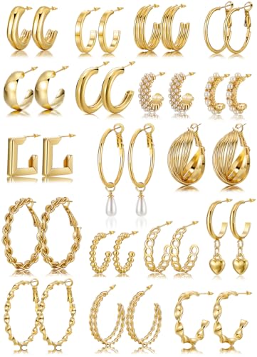 KISS WIFE Gold Chunky Earrings for Women, Hypoallergenic Lightweight Hoops, Pearl Stud Twist Heart Round Dangle Earring Packs Jewelry Gifts for Women (18 Pairs Hoop Gold)
