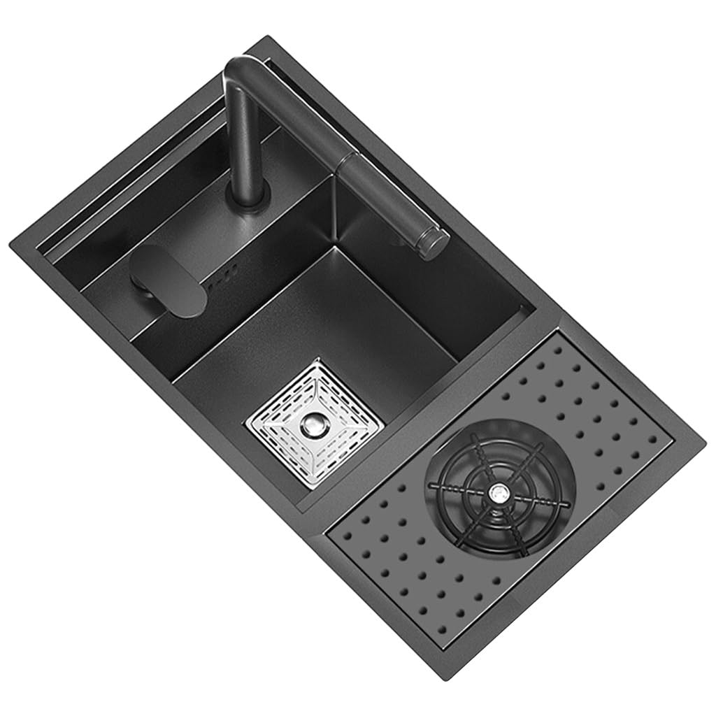 Évier de cuisine à poser noir 55 cm, petit évier simple avec lave-gobelet intégré et capot