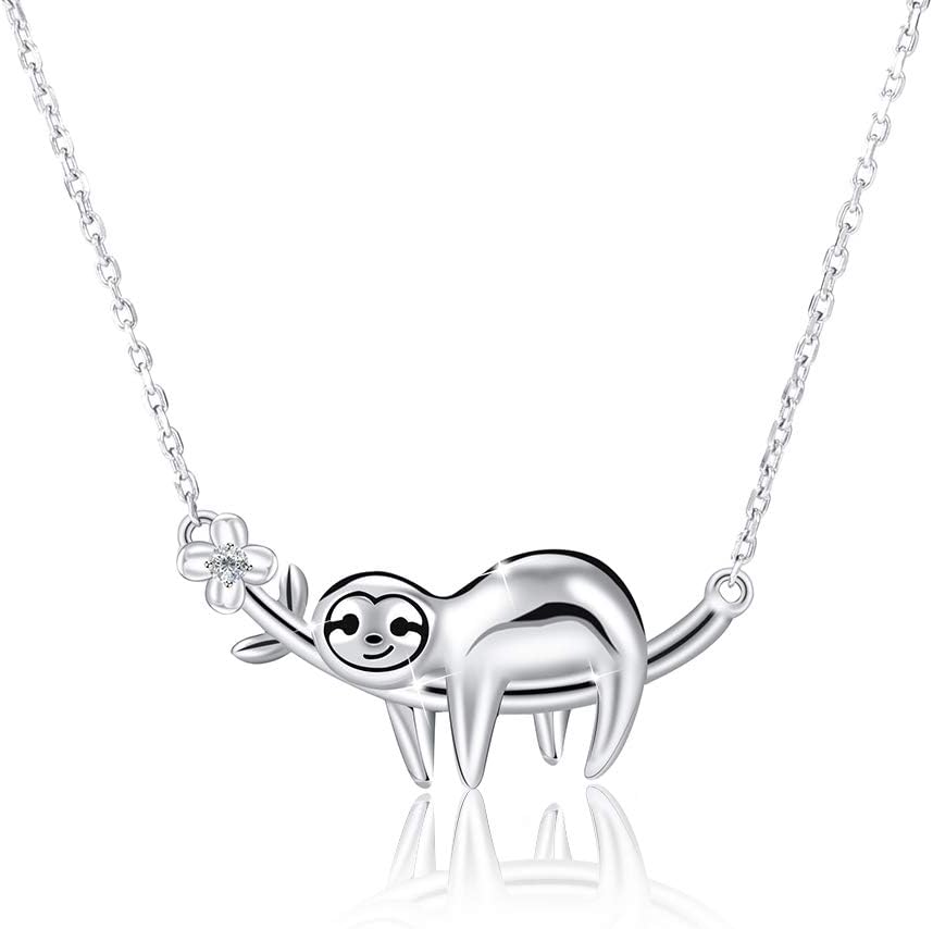 QINREN Sloth Pendant Necklace for Women Girls, 925 Sterling Silver Sloth Charm Necklace Cute Animal Pendant Meaningful Gift for Birthday, Valentine's Day, Mother's Day - Lying Sloth on a Tree Branch