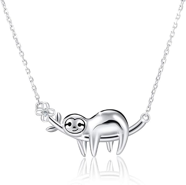 QINREN Sloth Pendant Necklace for Women Girls, 925 Sterling Silver Sloth Charm Necklace Cute Animal Pendant - Lying Sloth on a Tree Branch for Meaningful Birthday Jewelry