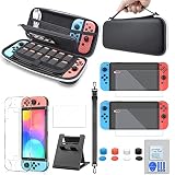 FASTSNAIL Accessoire 5 en 1 Compatible avec Nintendo Switch OLED pour JoyCon, Pochette Compatible avec Switch OLED , avec Verre Trempé , Coque, Support et Thumb Grips