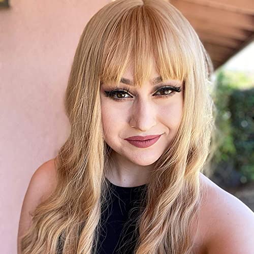 Long Wavy Blonde Synthetic Wig with Bangs for Women, 25 Inch Hair Wig