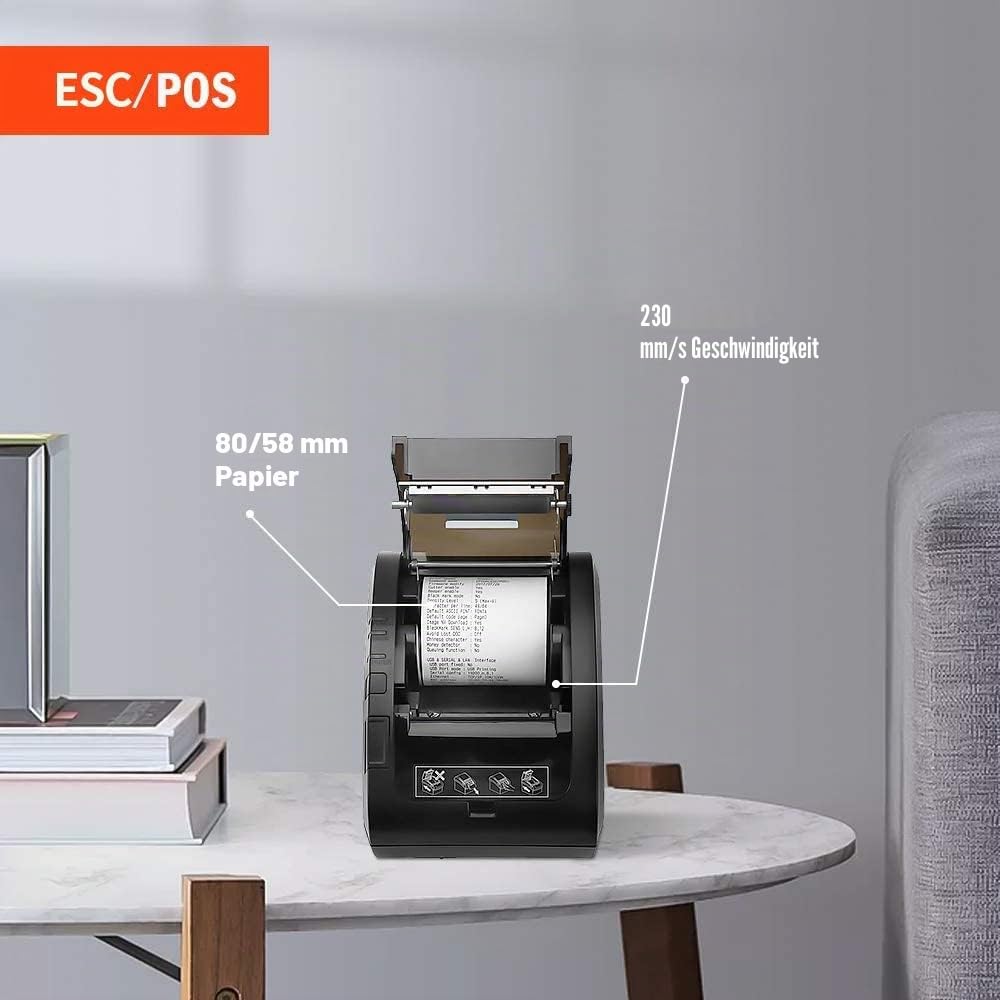 MUNBYN Thermodrucker Bondrukcer 80mm AUTO-CUT Schublade Drucker, Hochgeschwindigkeits Drucken 230mm / sec, USB, Ethernet LAN Schnittstelle, kompatibel mit ESC/POS Druck Befehlen eingestellt-EU Schwarz