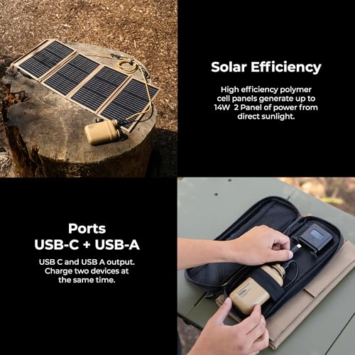 Image of NESTOUT Portable Solar Panel, USB-C and USB-A Ports, 28W Solar Charger for Camping, Water Repellent Ripstop Nylon, Foldable Compact Design, Digital Ammeter, Adjustable Stand, Beige (4 Panel)
