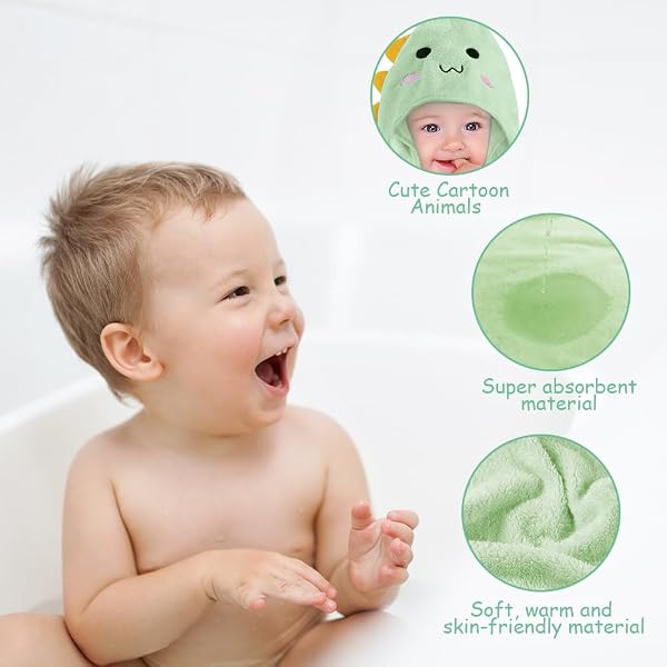 Aolso Accappatoio Neonato, 80x80cm Asciugamani Con Cappuccio Per Bambini, Accappatoio Neonato con Cappuccio Extra Morbido e Super Assorbente per Neonati e Bambini 0-3 Anni-Dinosauro - 3