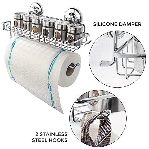 Hasko Accessories Suction Cup Paper Towel Holder With Shelf And Hooks - Wall Mount Metal Roll Organizer - Tissue Roll Hanger For Bathroom & Kitchen - Sus 304 Stainless Steel Roll Holder - Chrome #TOP6