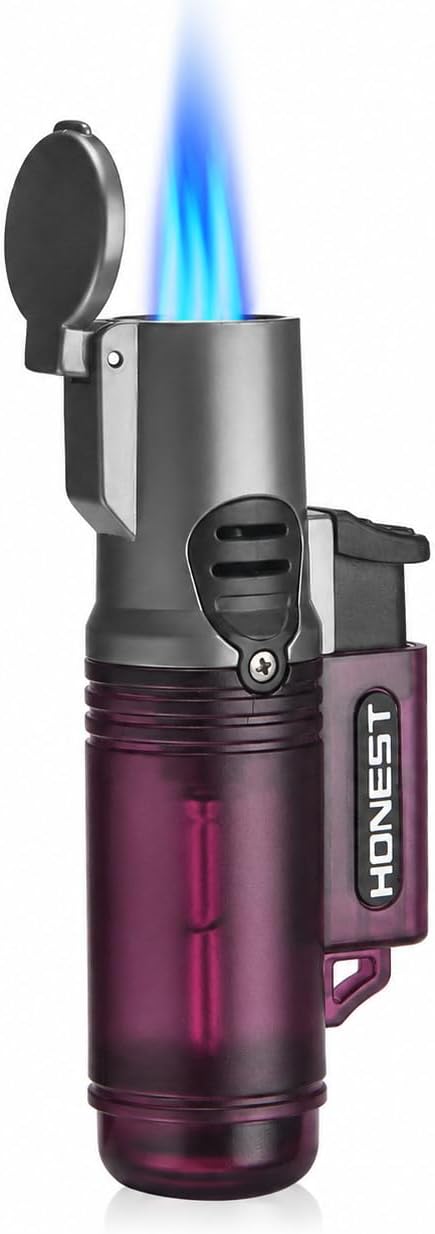 Butane Torch Lighter, Triple Jet Flame Windproof with Clear Fuel Tank, Refillable Lighter, Portable Pocket Lighter for Men, Camping, Grill, Outdoor Use（Without Fuel）