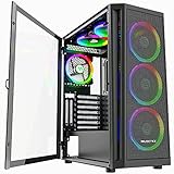 MUSETEX 6pcs 120mm ARGB Fans and 2pcs USB 3.0 Mesh Mid-Tower ATX Gaming PC Case, Opening Tempered Glass Panels Gaming Computer Case Desktop Cases 2021 Released ATX/Micro ATX/ITX (Black,TW8-S6)