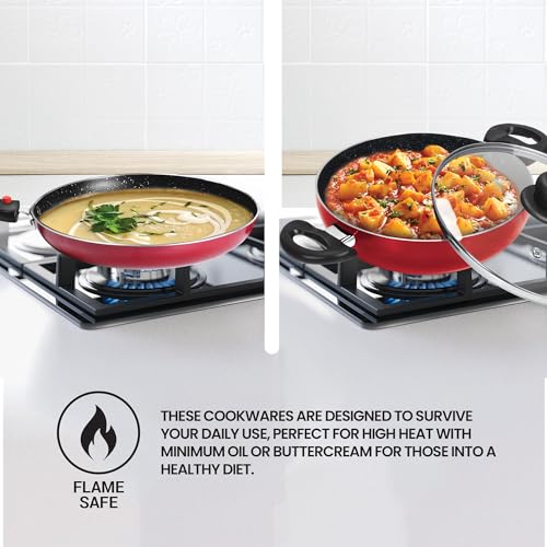 Image of Milton Pro Cook Kitchen Pride Set of 3 Non Stick Cookware | Non Induction I Cooking Pan, Kadhai with Lid, Tawa I Maroon