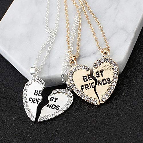 XUEQI Best Friends Necklace for 2,BFF Broken Matching Heart Necklace Rhinestone Best Friends Engraved Letters Pendant Necklaces Set3