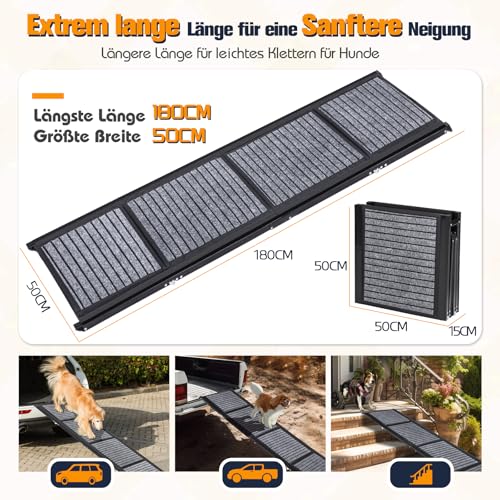 Extra Lang Hunderampe Auto Klappbar, Faltbar Rampe für Große Hunde mit Rutschfester Teppichoberfläche, Tragbare & Klappbare Hundetreppe Auto Einstiegshilfe für Große Hunde (180cm Lang × 50cm Breit)