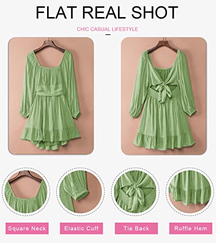 Image of Dokotoo Womens Dress Long Lantern Sleeve Square Neck Tie Backless Sexy Dress Ruffle Elastic Waist A-Line Mini Dress