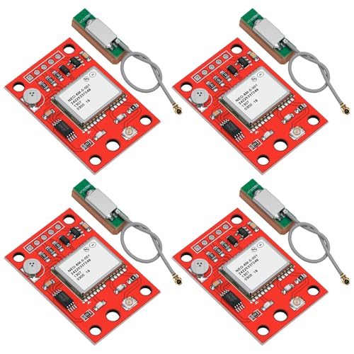 4 Pack GY-NEO6MV2 NEO-6M GPS Module - Flight Controller Module Board 3V-5V with Super Strong Ceramic Antenna Compatible with Ar duino ESP 32 Rasp Berry P i EEPROM APM 2.5 (Red)